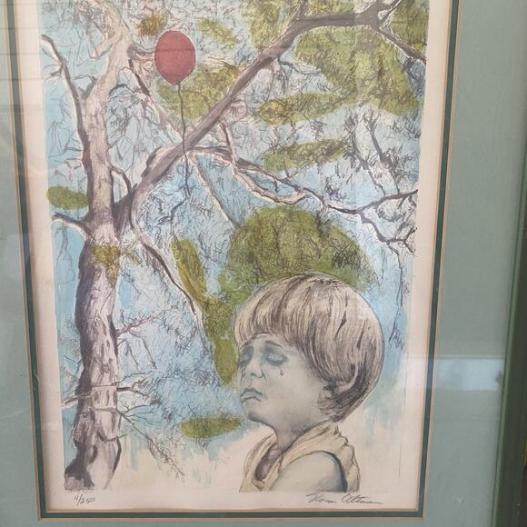 VTG Nom Altman Pencil Crayon Drawing 4/250 Boy Crying Under The Tree Original - Picture 1 of 7
